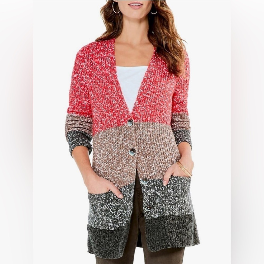 Nic + Zoe Colorblock Chunky Knit Women's Button Down Cardigan Sweater Size 2X